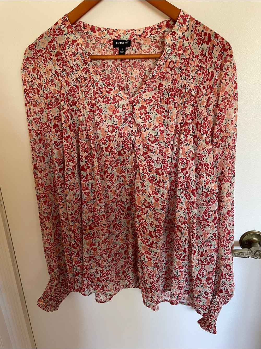 torrid Cream and Red Floral Peasant V-Neck Blouse